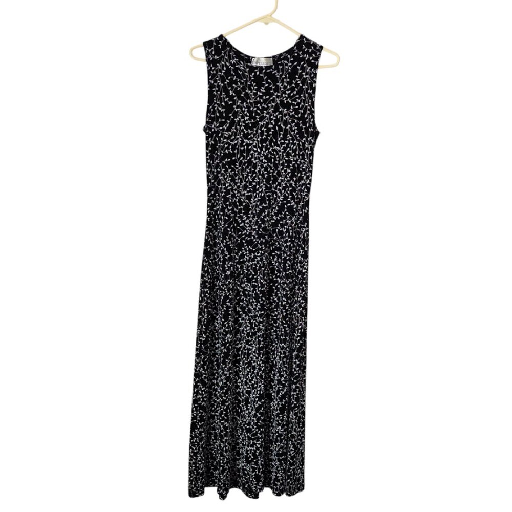 DRESS BARN 90s VTG Slinky Sleeveless Maxi‎ Dress Black White Abstract Floral 6